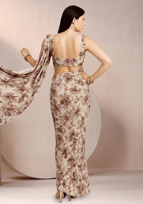 Brown Abstract Print Crepe Pre Draped Saree Set