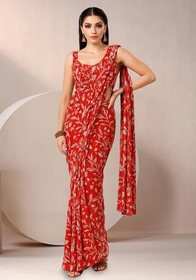 Red Floral Print Georgette Pre Draped Saree Set