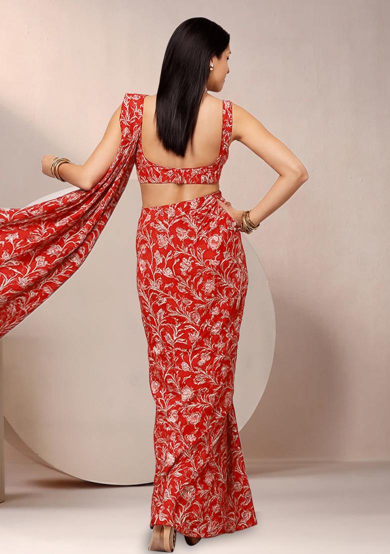 Red Floral Print Georgette Pre Draped Saree Set - Indya