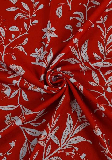 Red Floral Print Georgette Pre Draped Saree Set