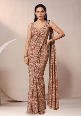 Beige Floral Print Georgette Pre Draped Saree Set