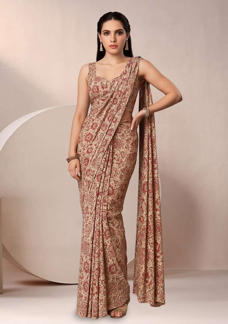 Beige Floral Print Georgette Pre Draped Saree Set - Indya