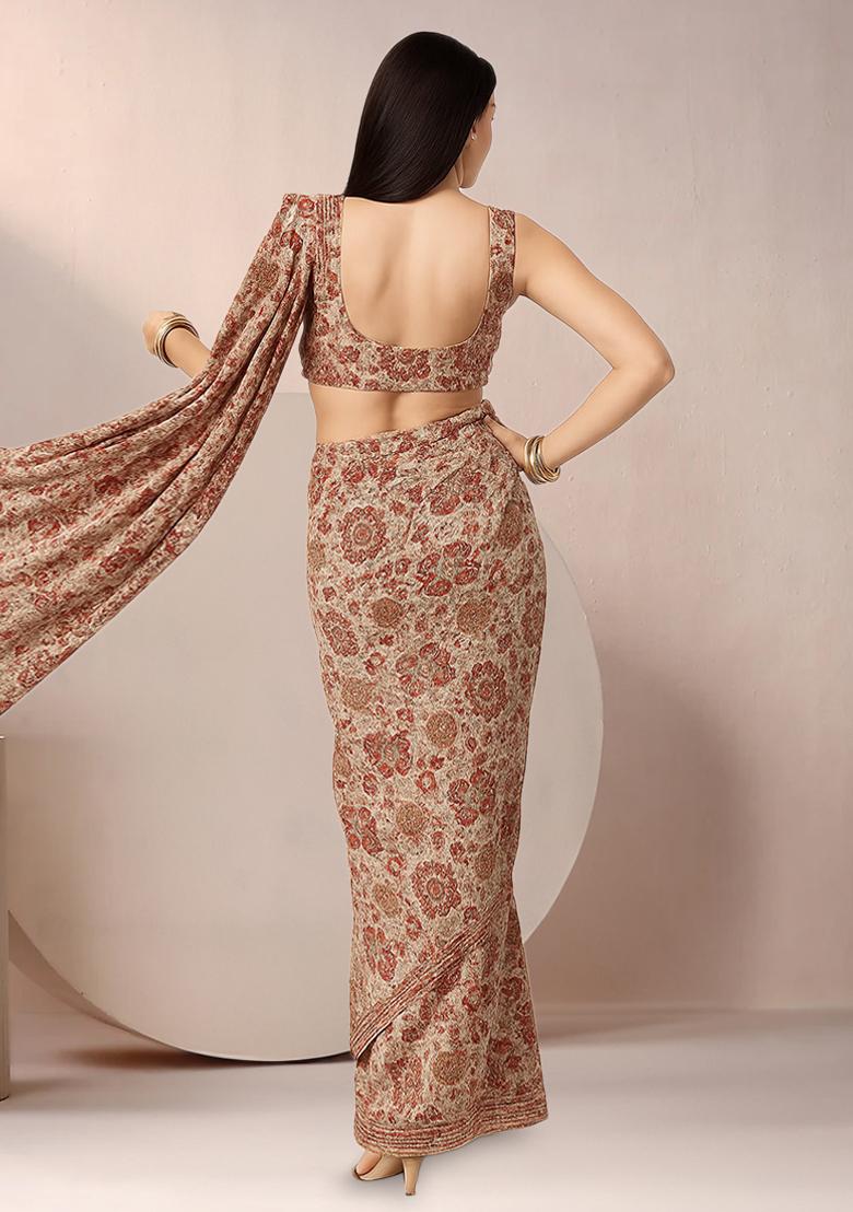 Beige Floral Print Georgette Pre Draped Saree Set - Indya