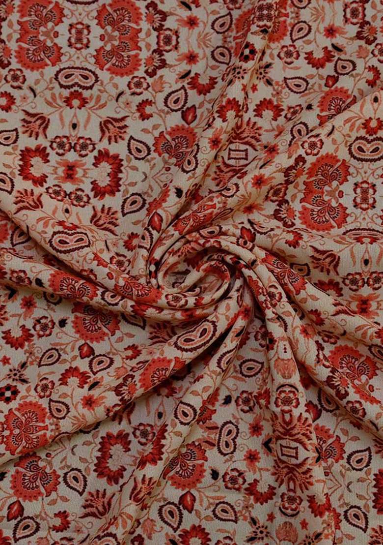 Beige Floral Print Georgette Pre Draped Saree Set - Indya