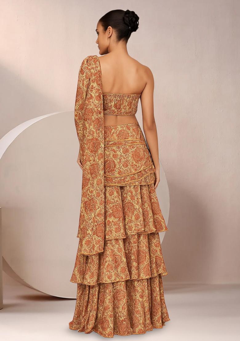 Beige Floral Print Georgette Pre Draped Saree Set - Indya