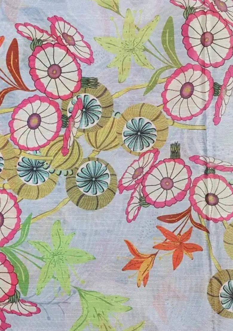 Beige Floral Print Georgette Pre Draped Saree Set - Indya