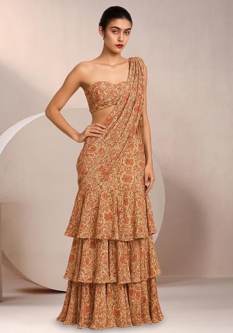 Beige Floral Print Georgette Pre Draped Saree Set