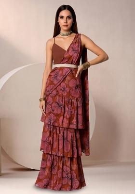 Brown And Pink Chinon Floral Printed Pre Draped Saree Set