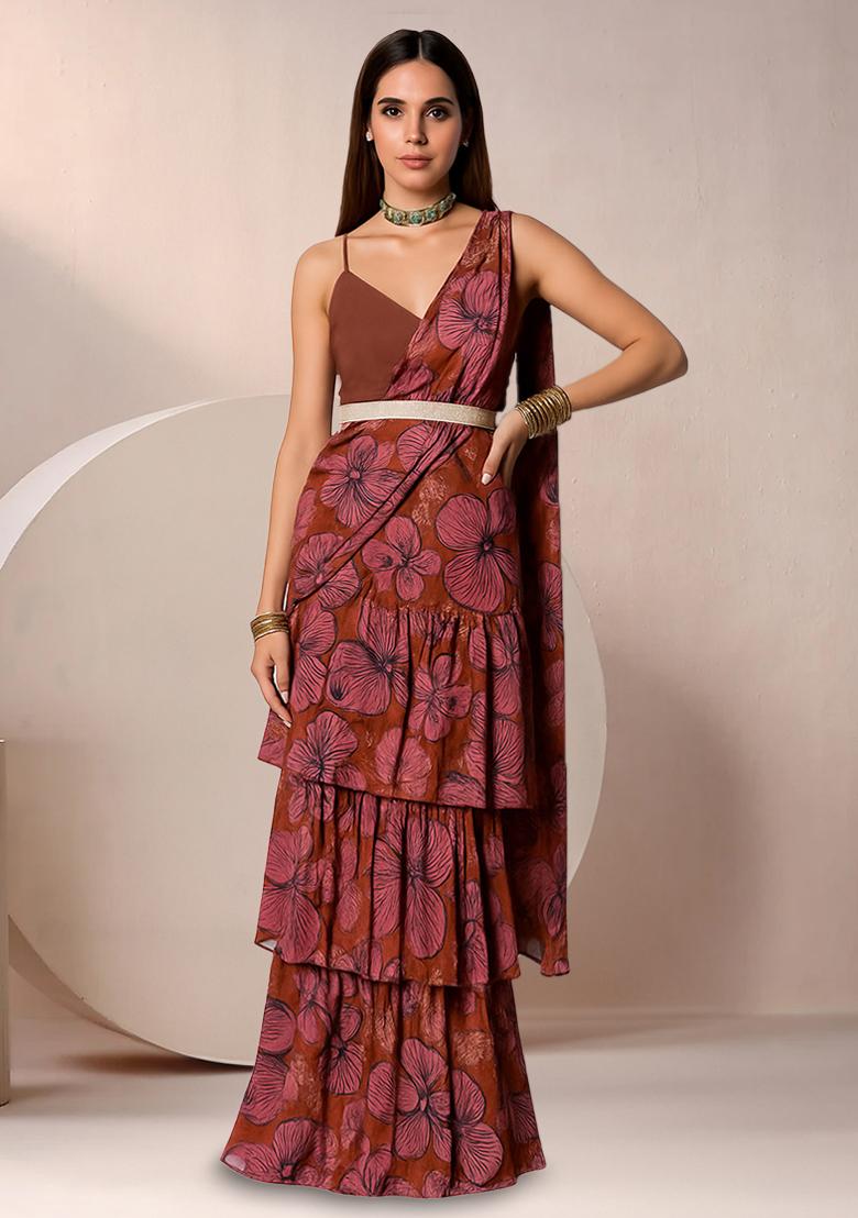 Brown And Pink Chinon Floral Printed Pre Draped Saree Set