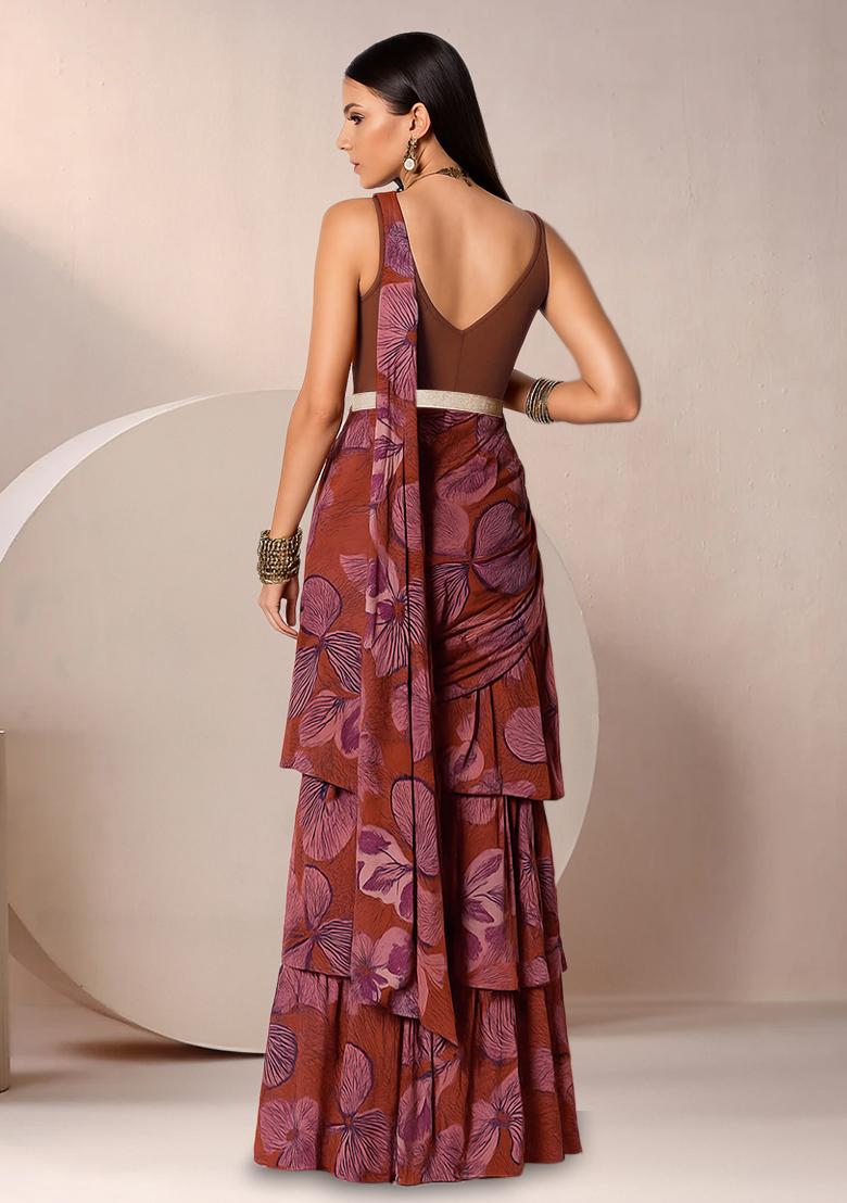 Brown And Pink Chinon Floral Printed Pre Draped Saree Set - Indya
