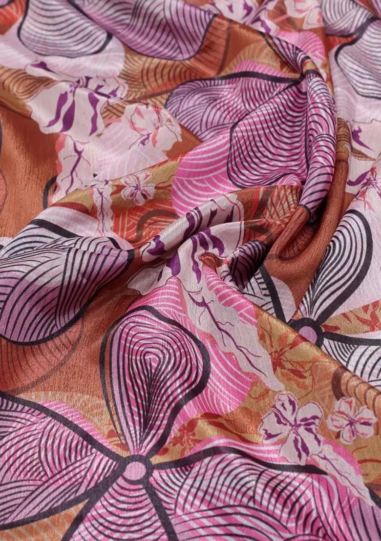 Brown And Pink Chinon Floral Printed Pre Draped Saree Set - Indya