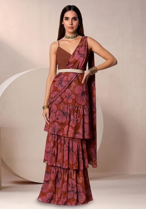 Brown And Pink Chinon Floral Printed Pre Draped Saree Set