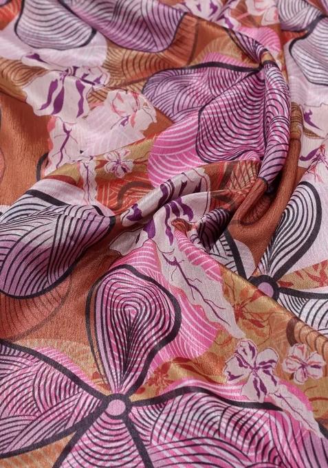 Brown And Pink Chinon Floral Printed Pre Draped Saree Set