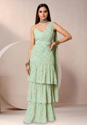 Mint Green Chinon Floral Printed Pre Draped Saree Set