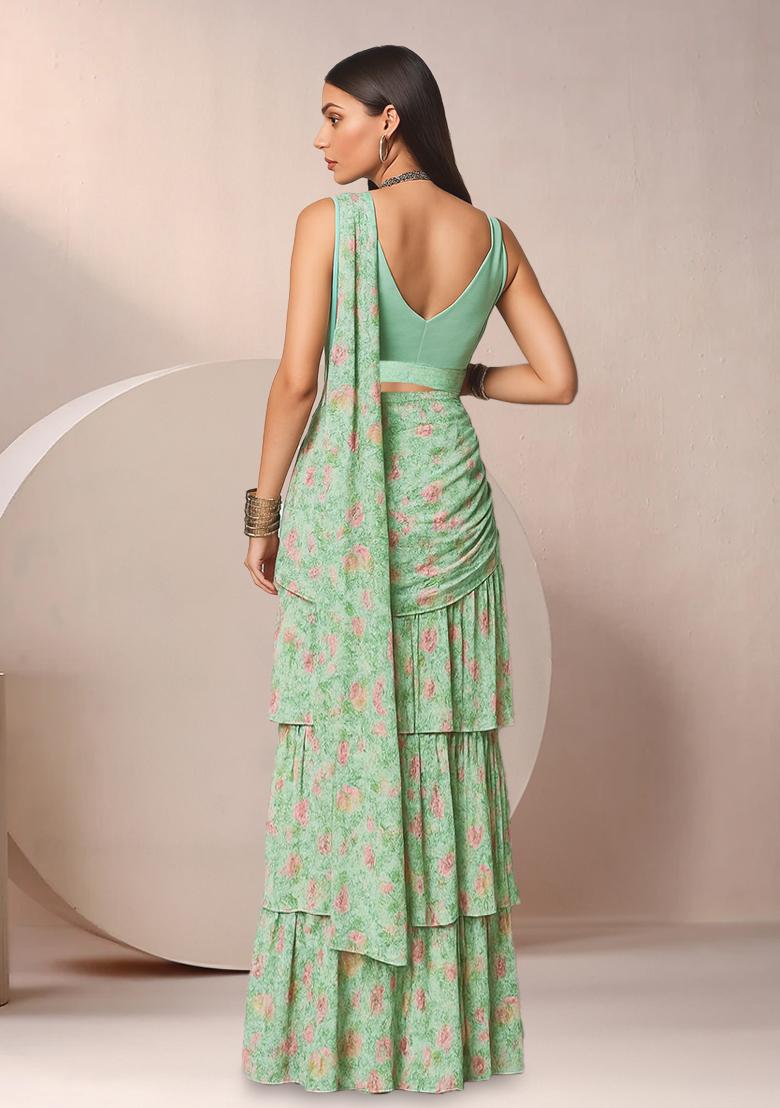 Mint Green Chinon Floral Printed Pre Draped Saree Set - Indya
