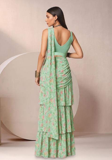 Mint Green Chinon Floral Printed Pre Draped Saree Set