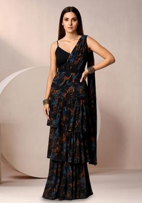 Black Chinon Abstract Printed Pre Draped Saree Set