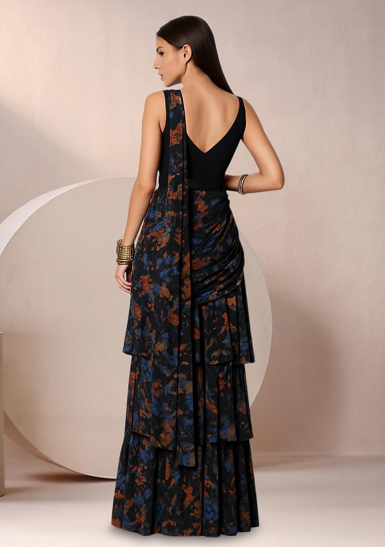 Black Chinon Abstract Printed Pre Draped Saree Set - Indya