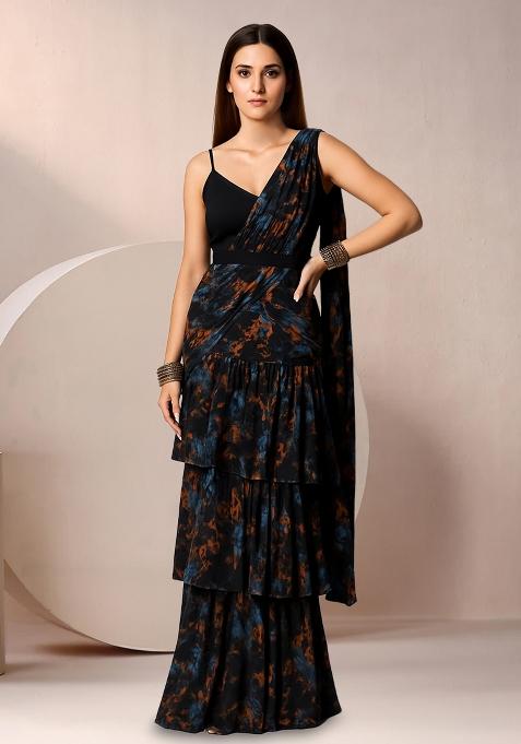 Black Chinon Abstract Printed Pre Draped Saree Set