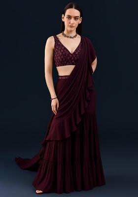 Wine Embroidered Blouse Georgette Pre Draped Saree Set