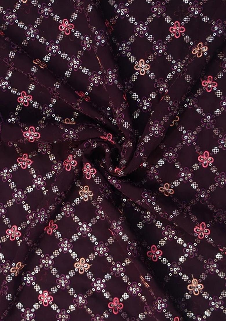 Wine Embroidered Blouse Georgette Pre Draped Saree Set