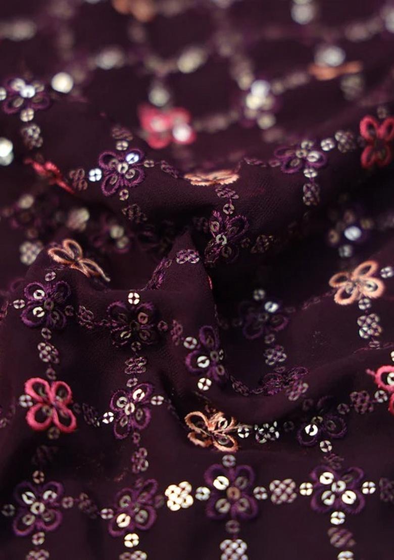 Wine Embroidered Blouse Georgette Pre Draped Saree Set