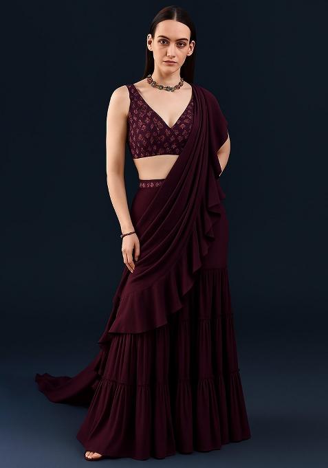 Wine Embroidered Blouse Georgette Pre Draped Saree Set