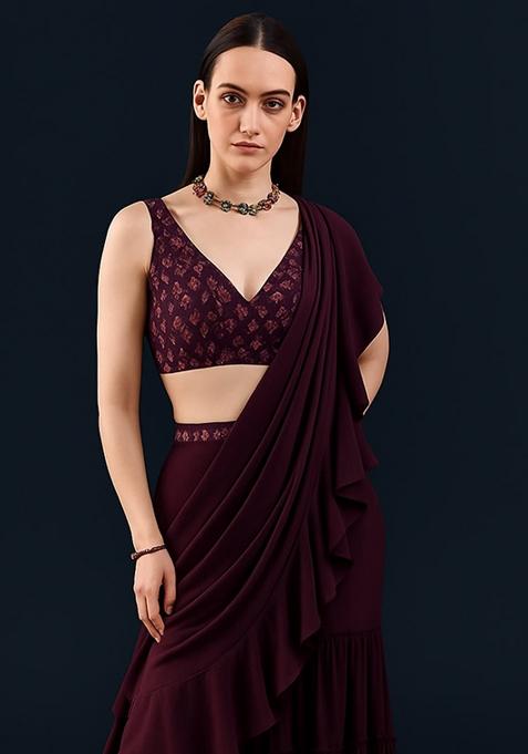 Wine Embroidered Blouse Georgette Pre Draped Saree Set