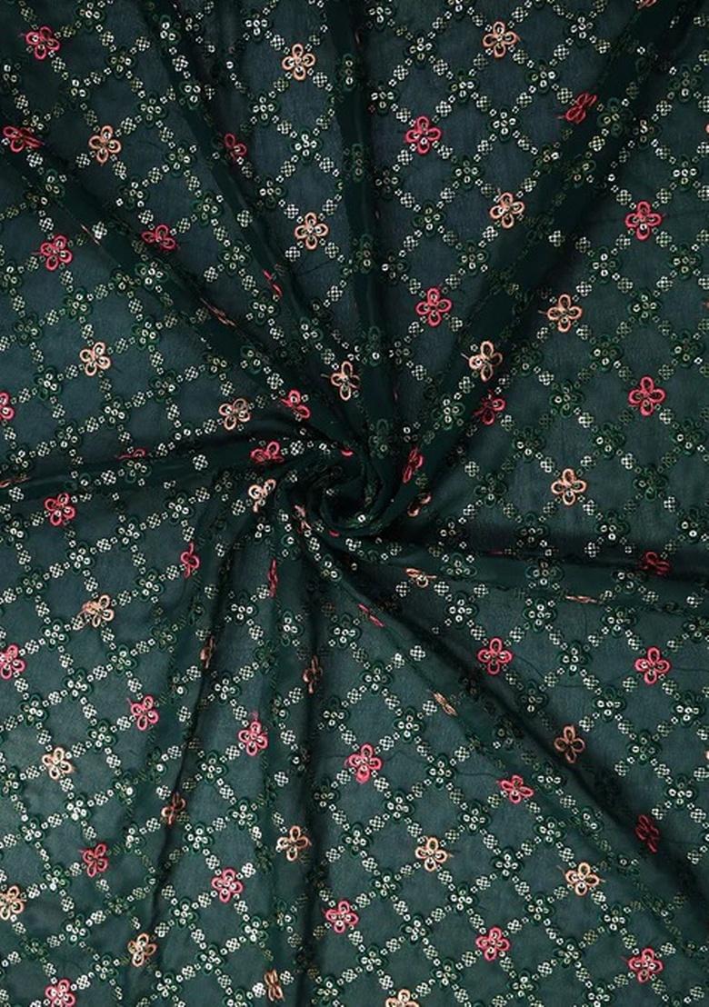 Bottle Green Embroidered Blouse Georgette Pre Draped Saree Set