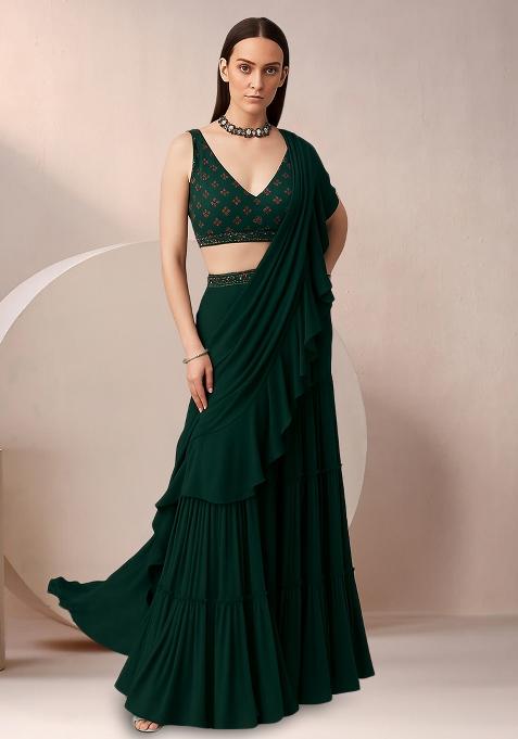 Bottle Green Embroidered Blouse Georgette Pre Draped Saree Set