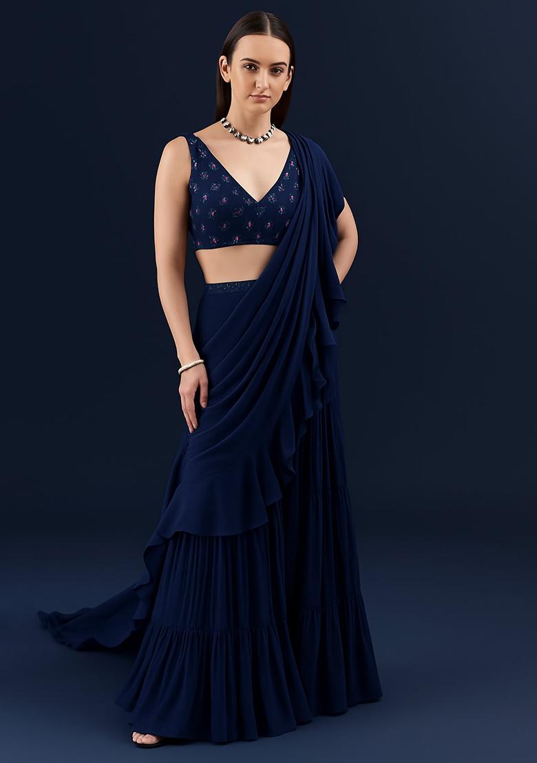 Navy Blue Embroidered Blouse Georgette Pre Draped Saree Set