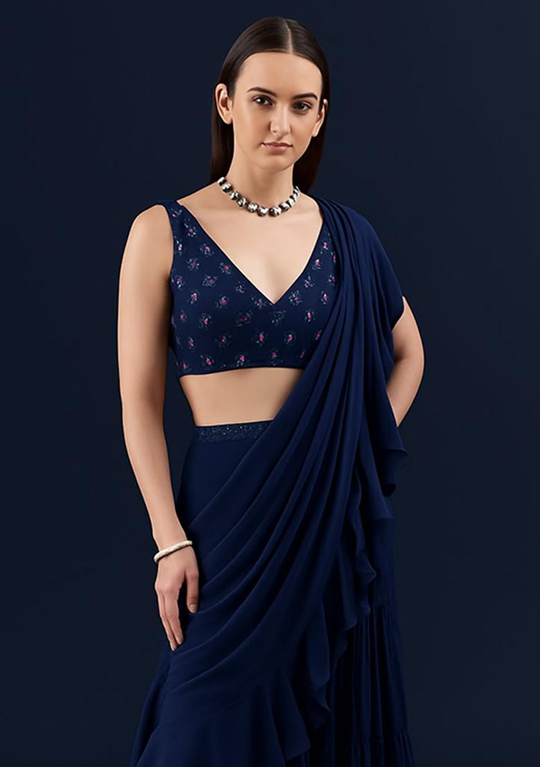 Navy Blue Embroidered Blouse Georgette Pre Draped Saree Set