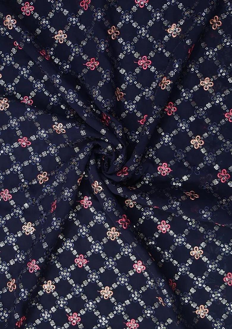 Navy Blue Embroidered Blouse Georgette Pre Draped Saree Set