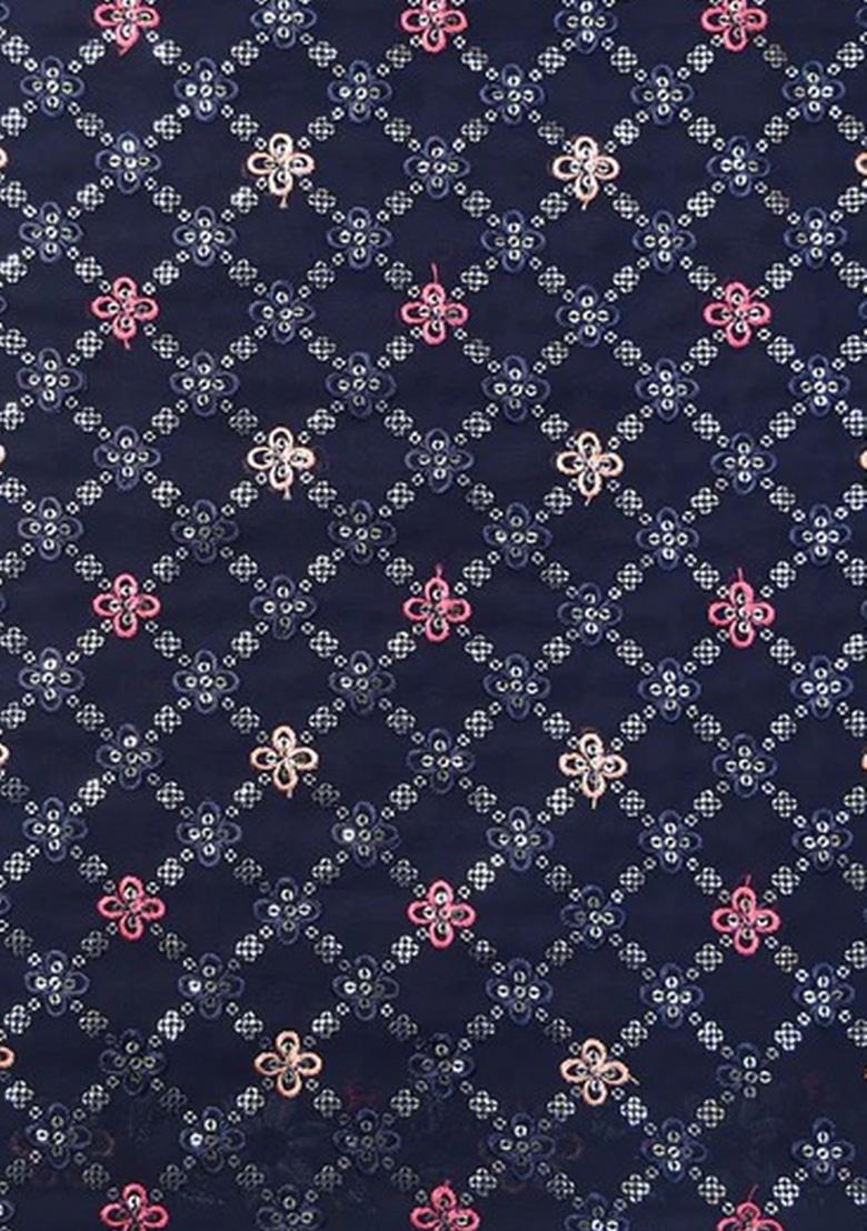 Navy Blue Embroidered Blouse Georgette Pre Draped Saree Set