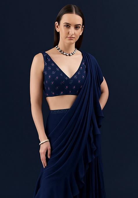 Navy Blue Embroidered Blouse Georgette Pre Draped Saree Set