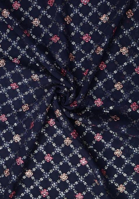 Navy Blue Embroidered Blouse Georgette Pre Draped Saree Set