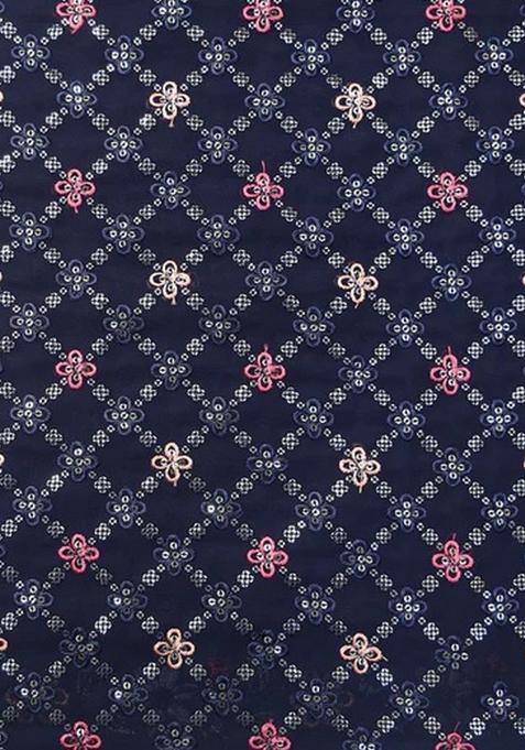 Navy Blue Embroidered Blouse Georgette Pre Draped Saree Set