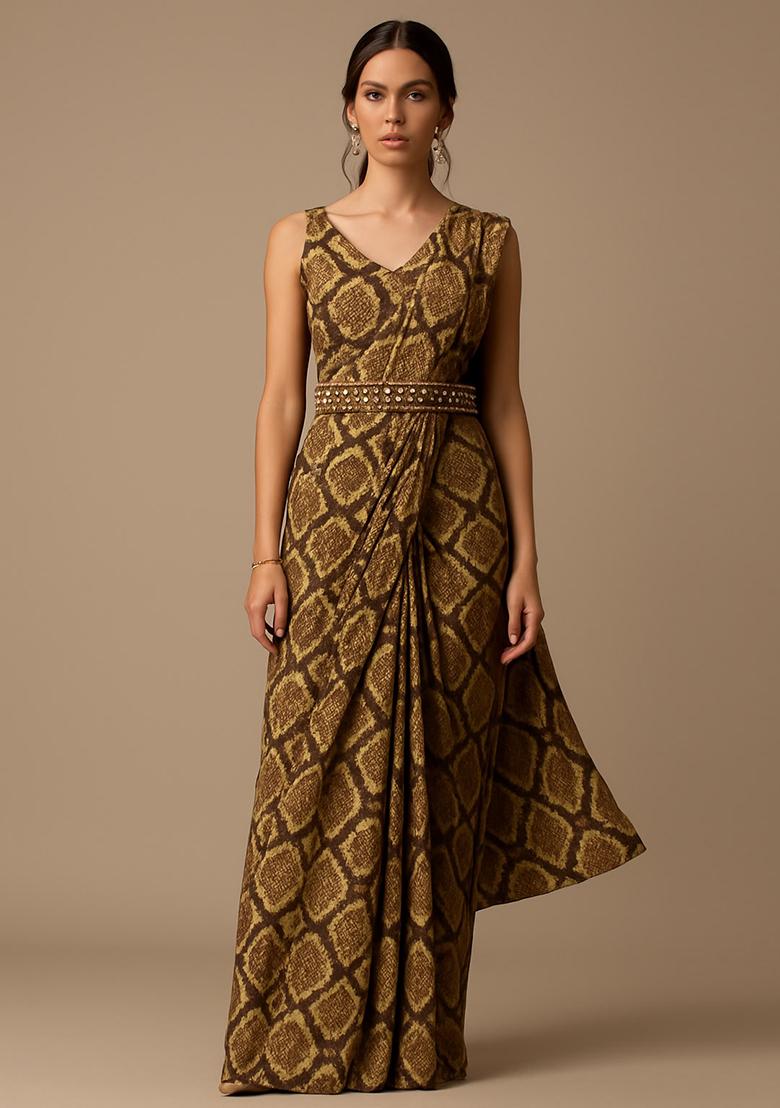 Brown Floral Printed Pre Draped Saree Set