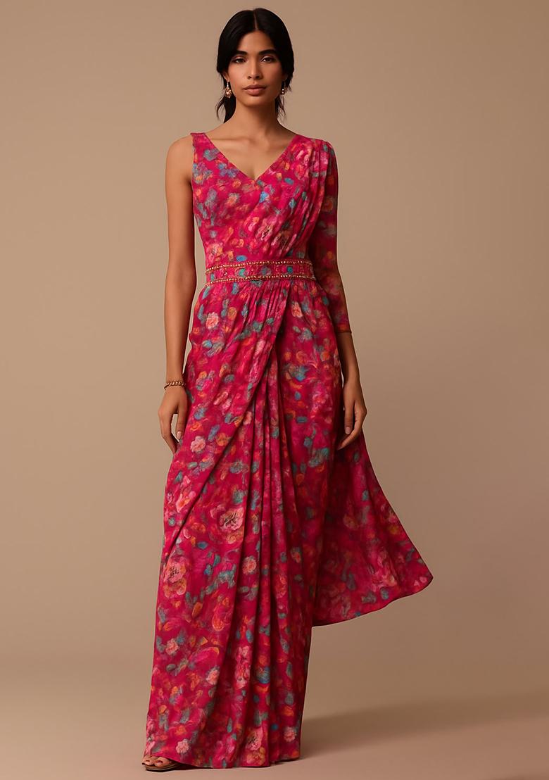 Pink Floral Printed Pre Draped Saree Set