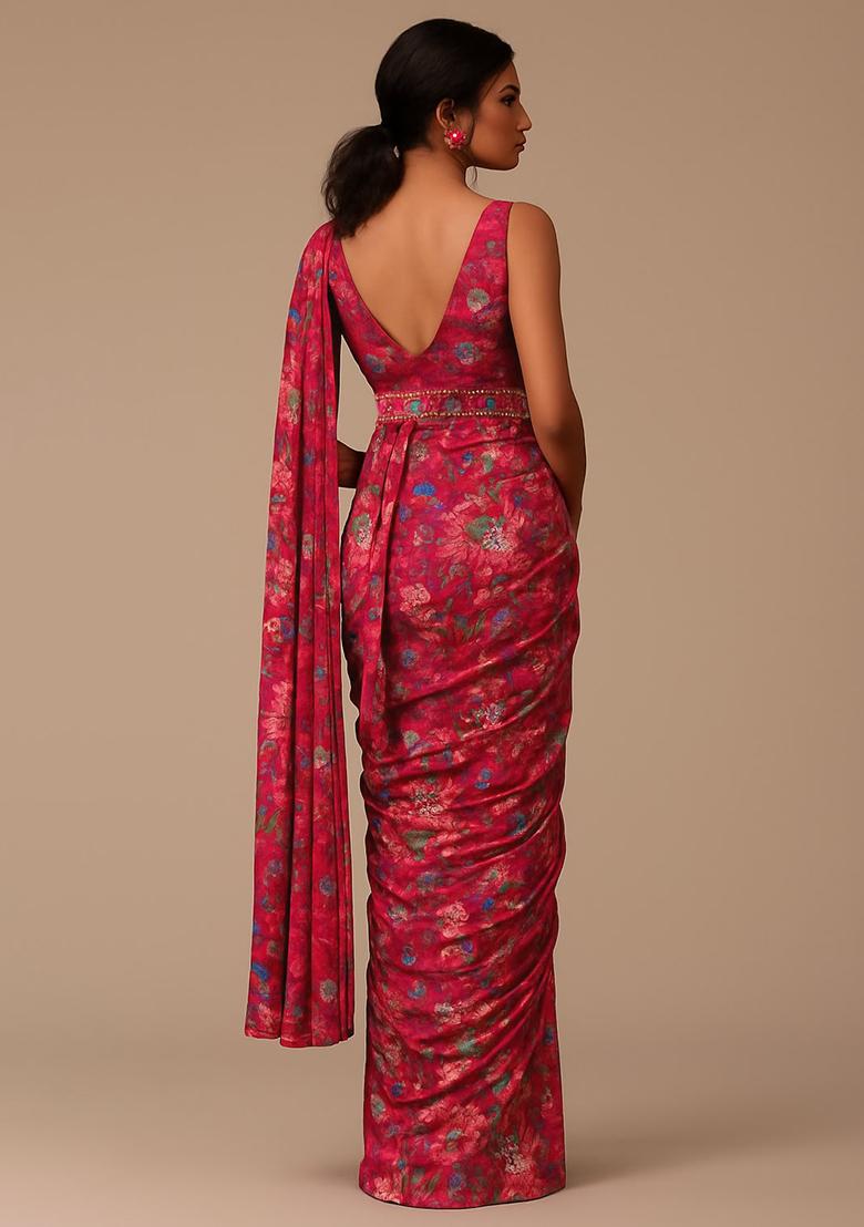 Pink Floral Printed Pre Draped Saree Set