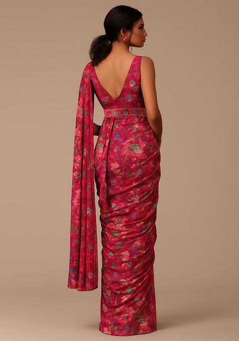Pink Floral Printed Pre Draped Saree Set