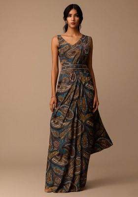 Blue Paisley Printed Pre Draped Saree Set