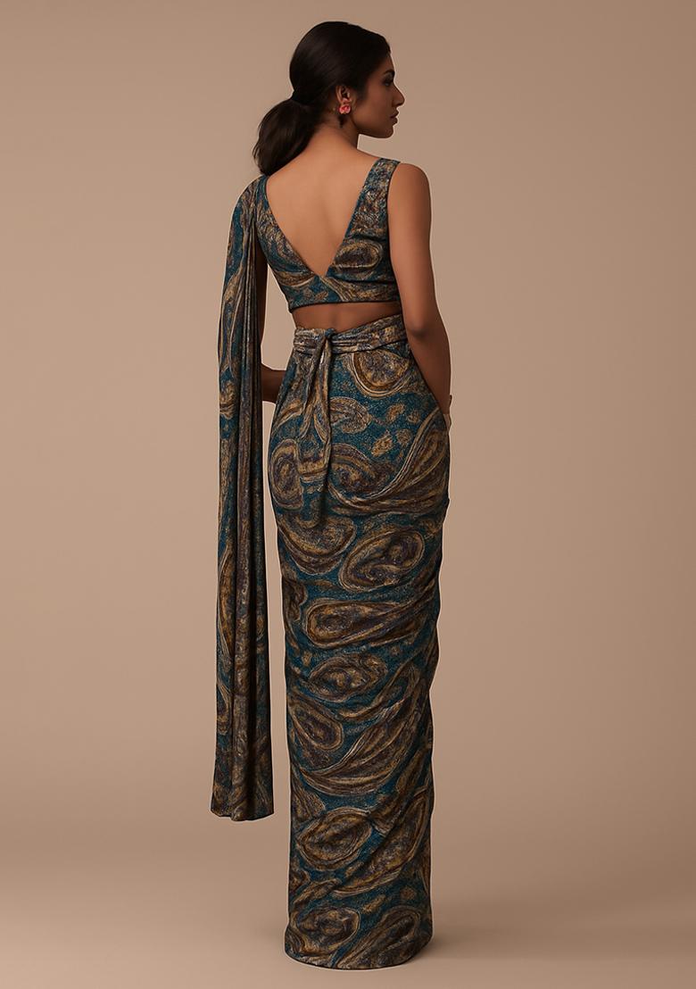 Blue Paisley Printed Pre Draped Saree Set - Indya