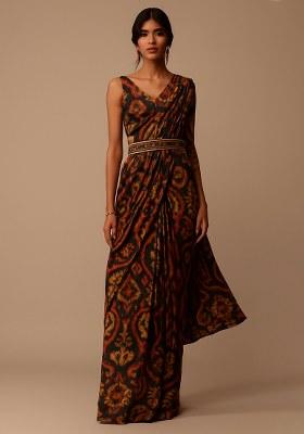 Black Ikat Printed Pre Draped Saree Set