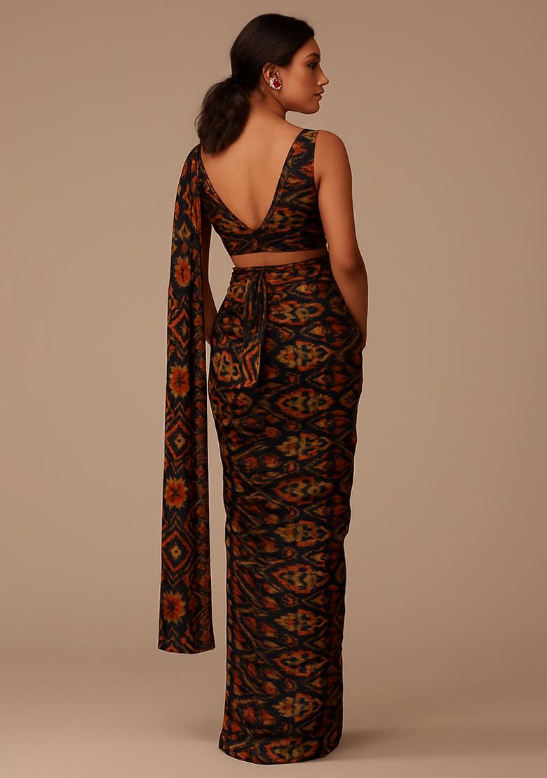 Black Ikat Printed Pre Draped Saree Set - Indya