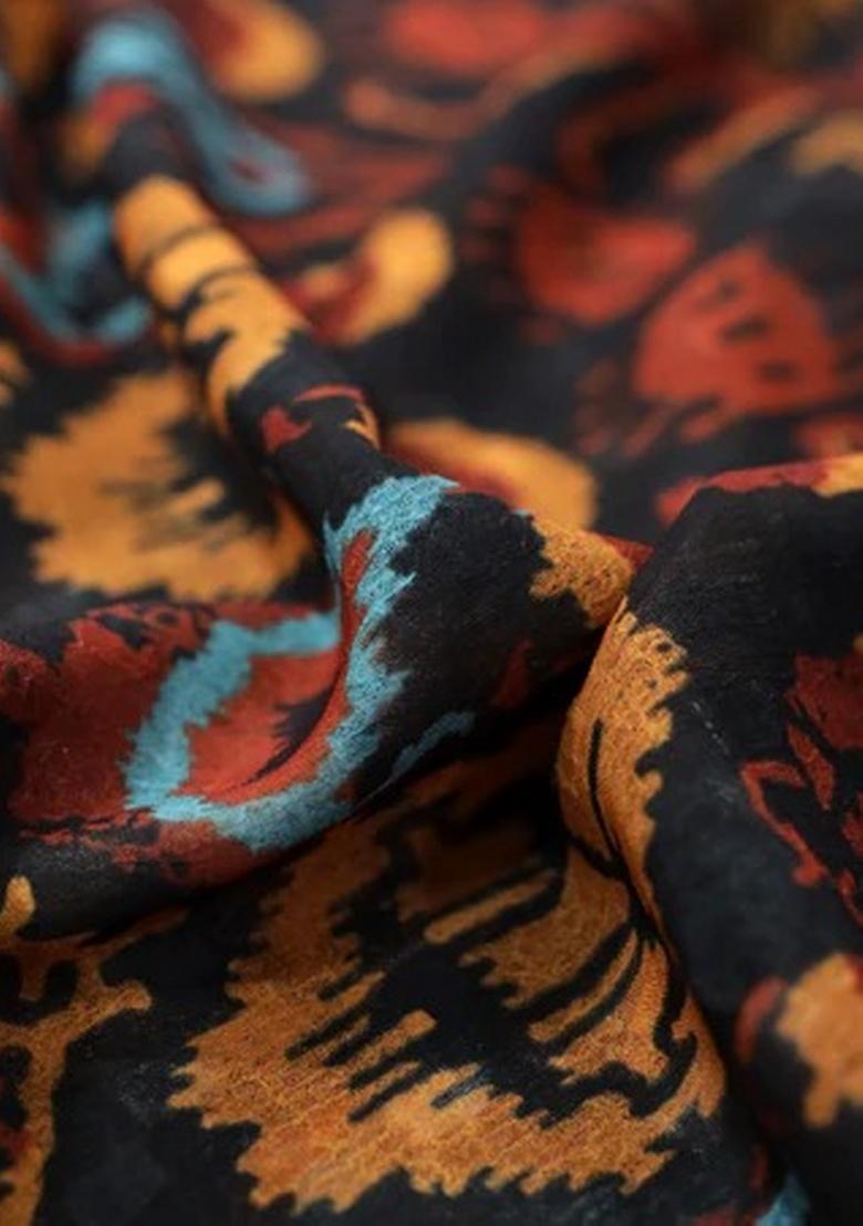 Black Ikat Printed Pre Draped Saree Set - Indya