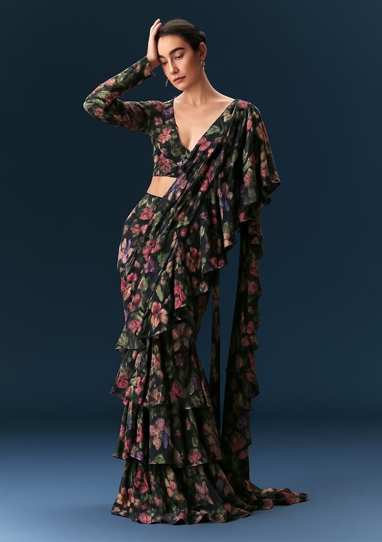 Black Floral Printed Pre Draped Saree Set
