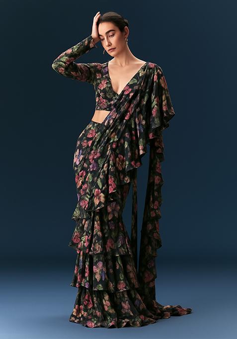 Black Floral Printed Pre Draped Saree Set