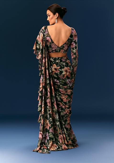 Black Floral Printed Pre Draped Saree Set
