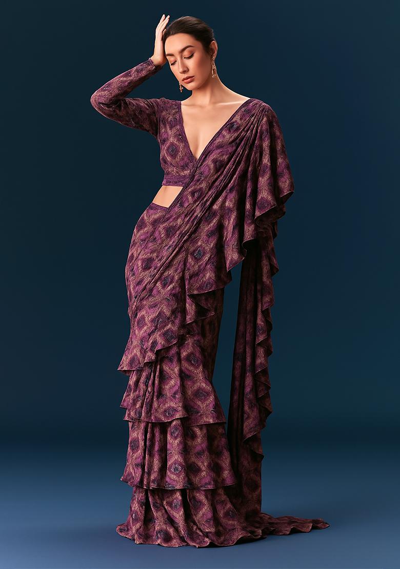 Pink Abstract Printed Pre Draped Saree Set